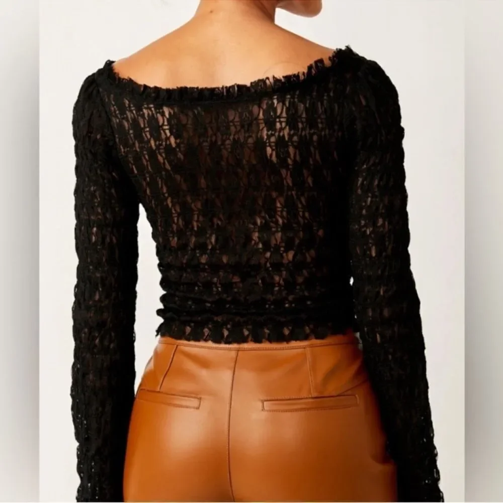 free people XS-S Madison Black Hook Eye Cropped Bell Sleeve Lace Top